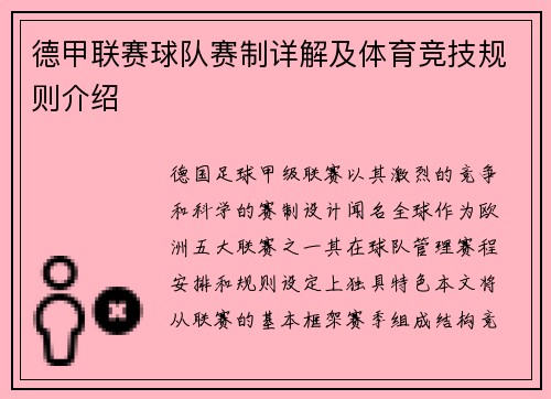 德甲联赛球队赛制详解及体育竞技规则介绍